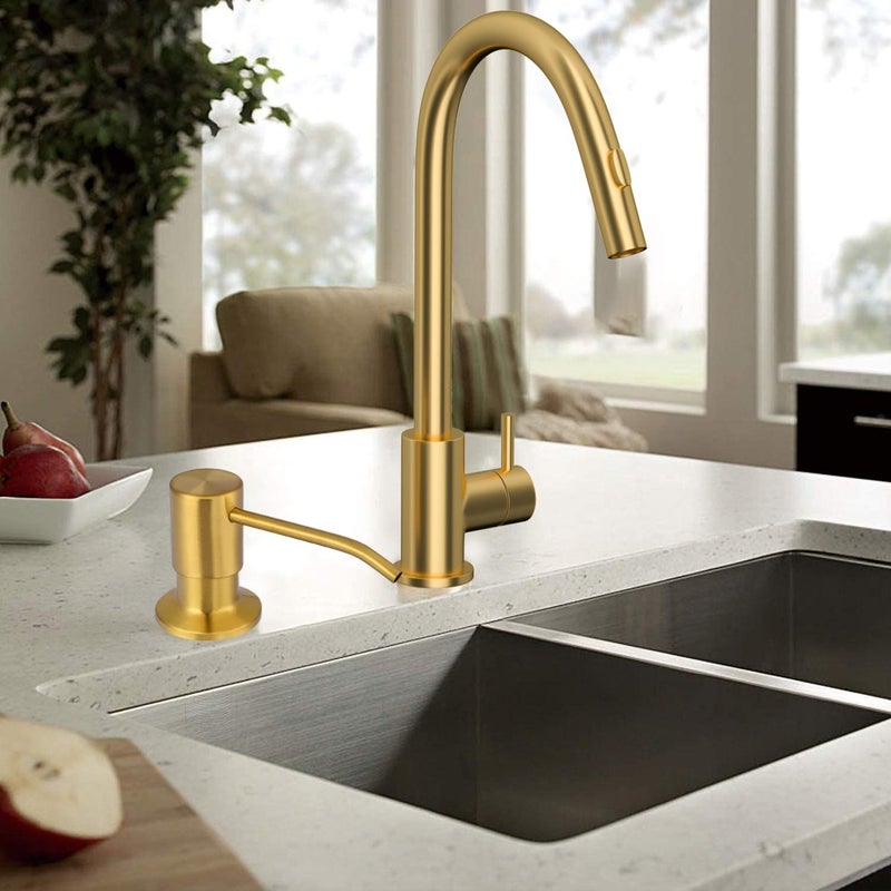 SAMODRA Soap Dispenser for Kitchen Sink, Premium Stainless Steel Pump Head 17 OZ Bottle 3.15 Inch Threaded Tube for Granite Thick Deck Installs (Brushed Brass) - Image 2